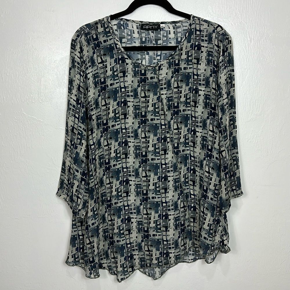 APNY Geo Print Viscose Long Sleeve Round Neck Blouse Top Size XL